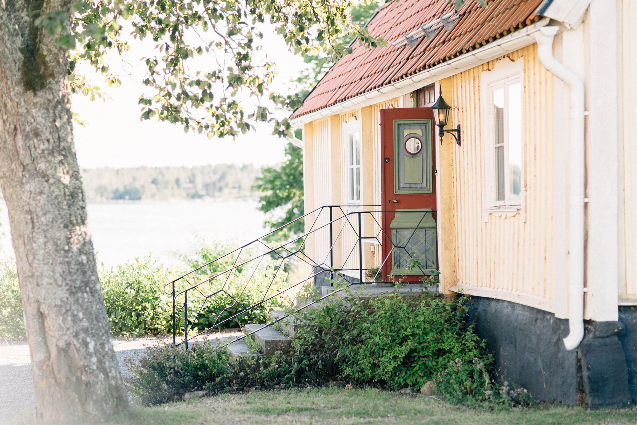 Gul stuga med röd dörr ligger vackert vid sjön med utsikt över vattnet · Sok aven: cottage, cabin, lake, water, alley, lane, garden, summer, panorama, view, vista, utsikt