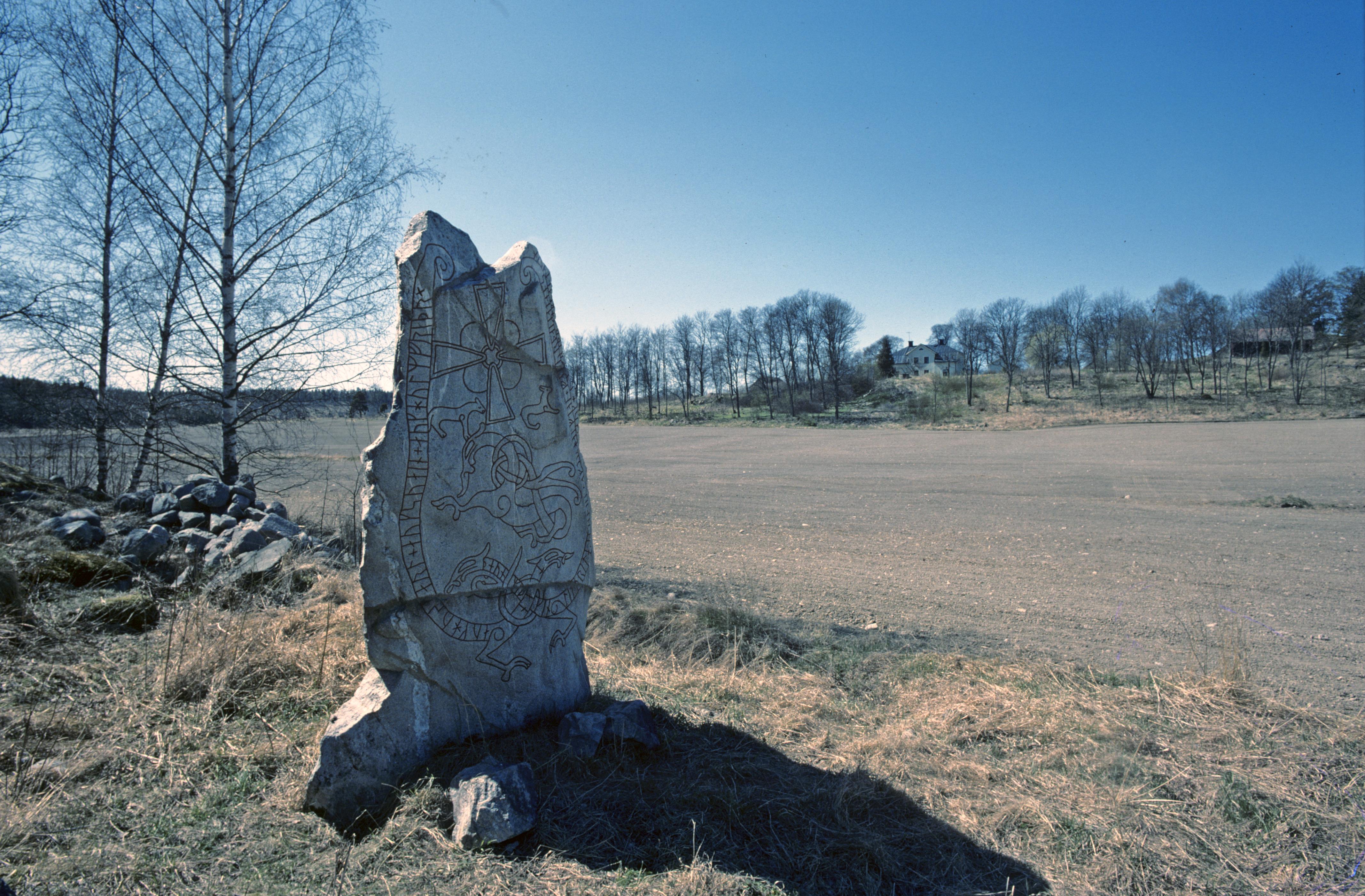 Beskrivning: Runstenen med omgivning.
 Fotosyfte: